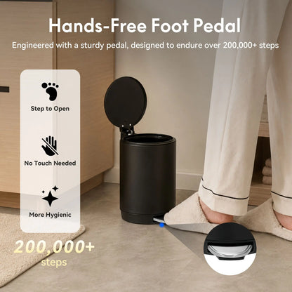 Modern Black Stainless Steel Indoor Bathroom Trash Can - 3L/0.8Gal round Step Bin with Foot Pedal, Removable Inner Bucket for Bedroom