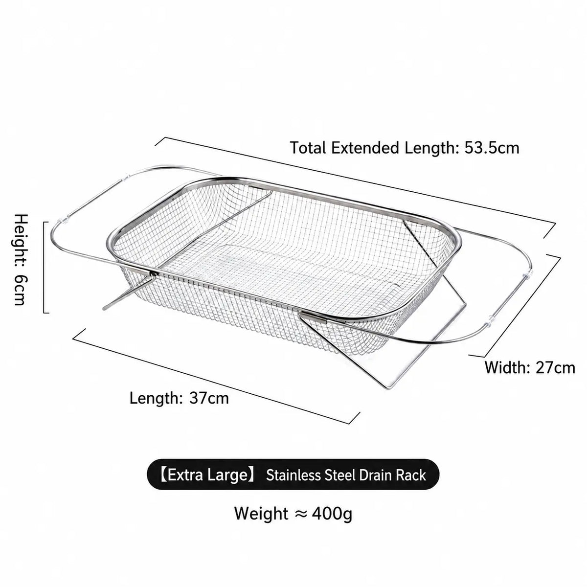 Stainless Steel Expandable Over-the-Sink Colander Strainer Basket with Handles, Rectangular Fine Mesh Kitchen Utensil, Essential Kitchen Supply in Silver