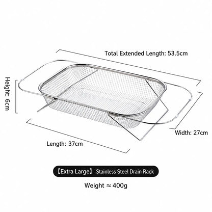 Stainless Steel Expandable Over-the-Sink Colander Strainer Basket with Handles, Rectangular Fine Mesh Kitchen Utensil, Essential Kitchen Supply in Silver