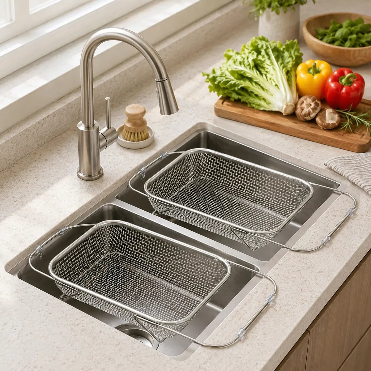 Stainless Steel Expandable Over-the-Sink Colander Strainer Basket with Handles, Rectangular Fine Mesh Kitchen Utensil, Essential Kitchen Supply in Silver