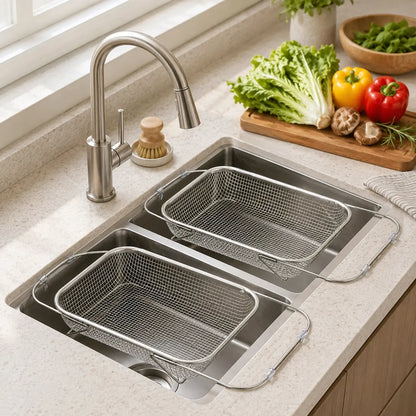 Stainless Steel Expandable Over-the-Sink Colander Strainer Basket with Handles, Rectangular Fine Mesh Kitchen Utensil, Essential Kitchen Supply in Silver