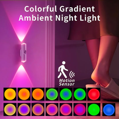 Rechargeable RGB Wall Lights with Motion Sensor, Magnetic Stick-On LED Night Lights, Dimmable Gradient Ambient Lighting, USB Charging, Long Battery Life for Bedroom, Hallway & Home Decor