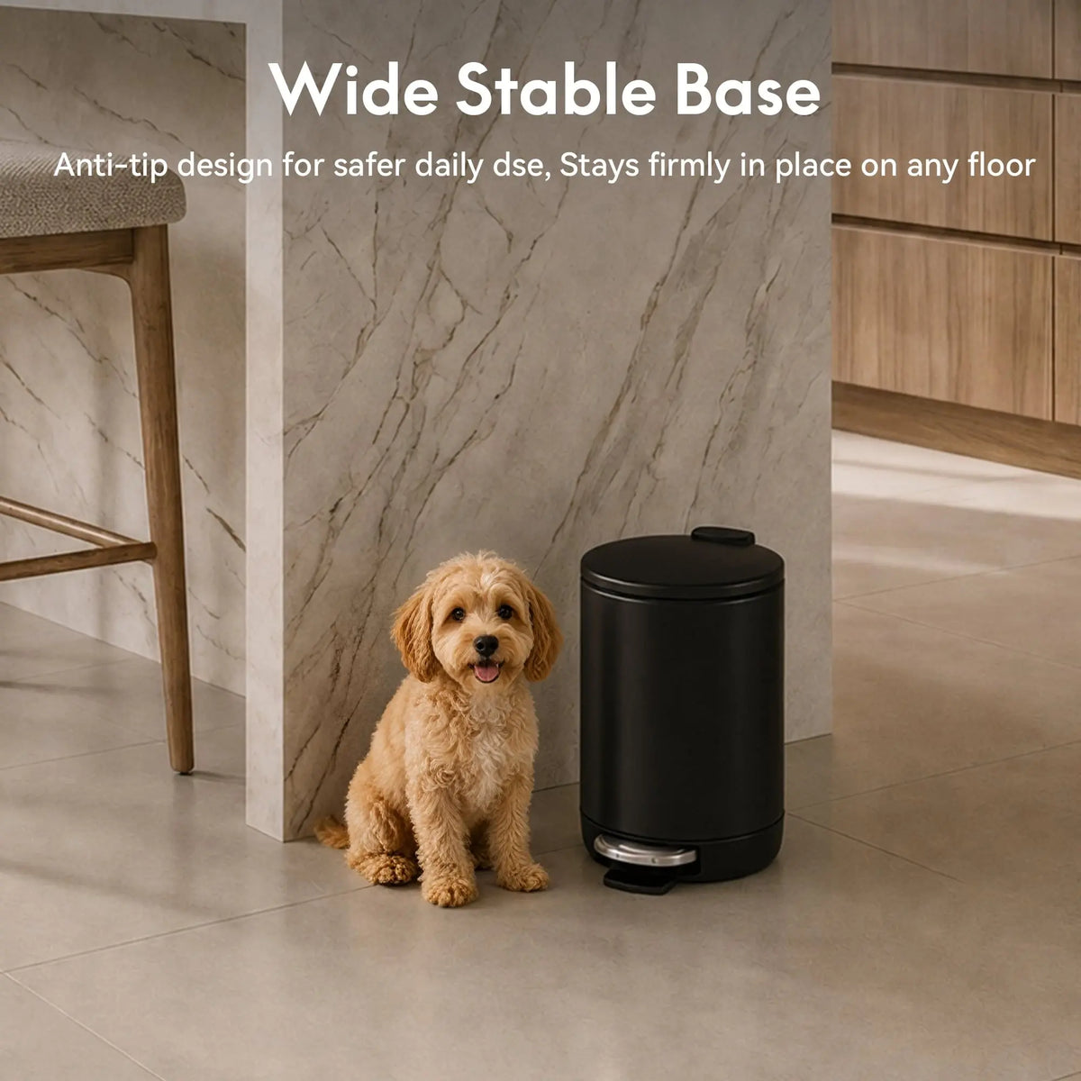 Modern Black Stainless Steel Indoor Bathroom Trash Can - 3L/0.8Gal round Step Bin with Foot Pedal, Removable Inner Bucket for Bedroom
