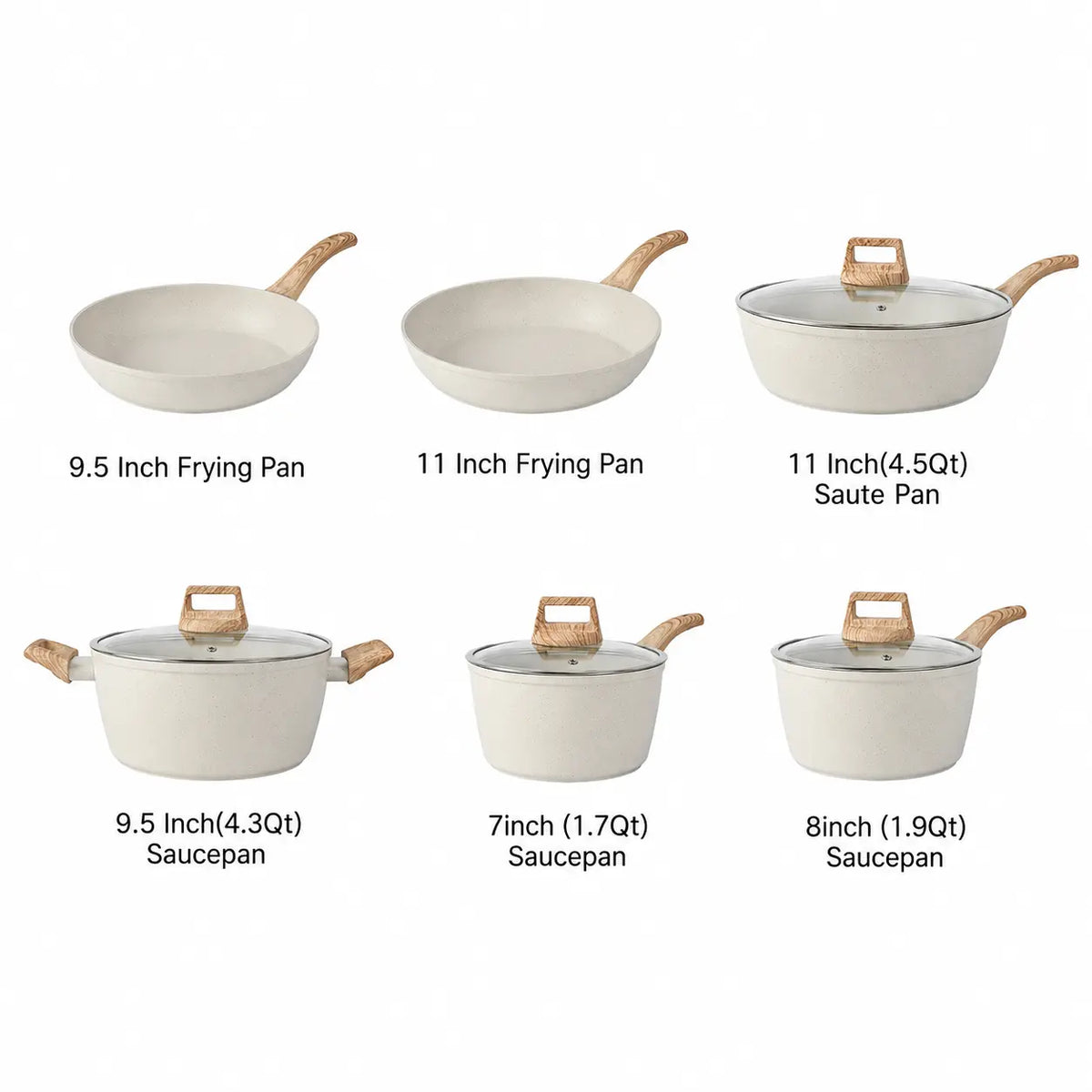 16PCS Nonstick Pots and Pans Set - Kitchen Cookware Set with Frying, Sauce, Saute, Egg Vessels, Wood Handles, Silicone Utensils, Pan Protectors, Oil-Efficient Design