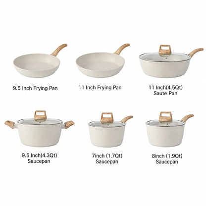 16PCS Nonstick Pots and Pans Set - Kitchen Cookware Set with Frying, Sauce, Saute, Egg Vessels, Wood Handles, Silicone Utensils, Pan Protectors, Oil-Efficient Design