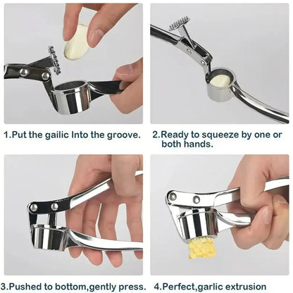 Stainless Steel 5-in-1 Garlic Press Multi-Tool - Versatile Kitchen Utensil with Mincer, Crusher, Bottle Opener, Pit Remover, Ideal for Home Use and Gift Giving