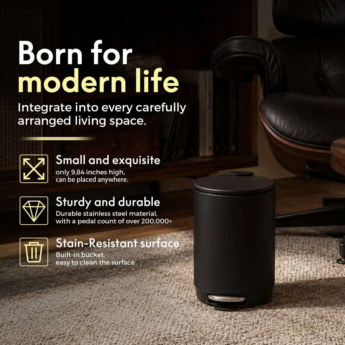 Modern Black Stainless Steel Indoor Bathroom Trash Can - 3L/0.8Gal round Step Bin with Foot Pedal, Removable Inner Bucket for Bedroom