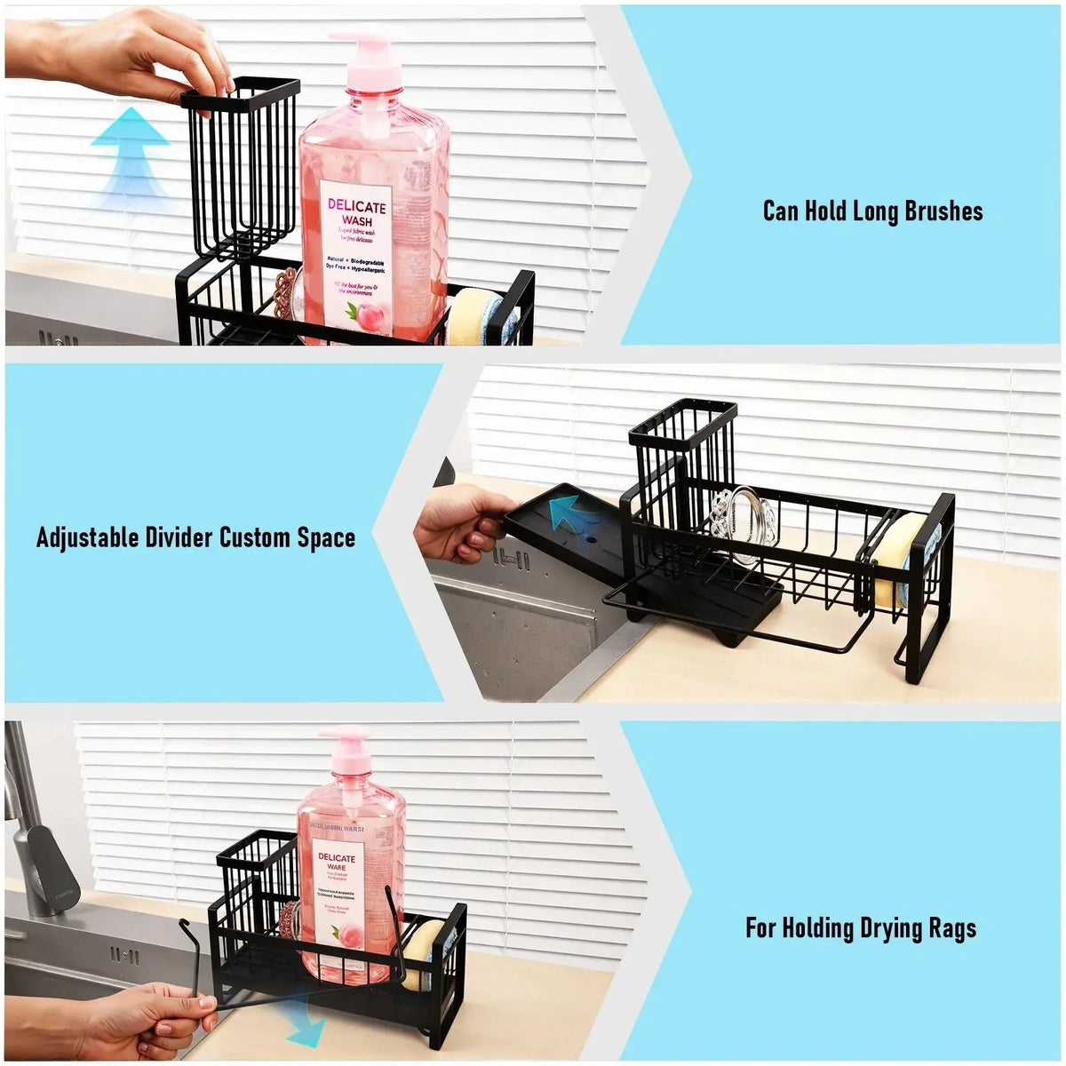 RETON Stainless Steel Kitchen Sink Sponge Holder with Compartment, Self-Drain Storage Organizer, Removable Dishcloth Rack, Soap Dispenser & Brush Holder, Waterproof Home Organizer (Black), Water Proof