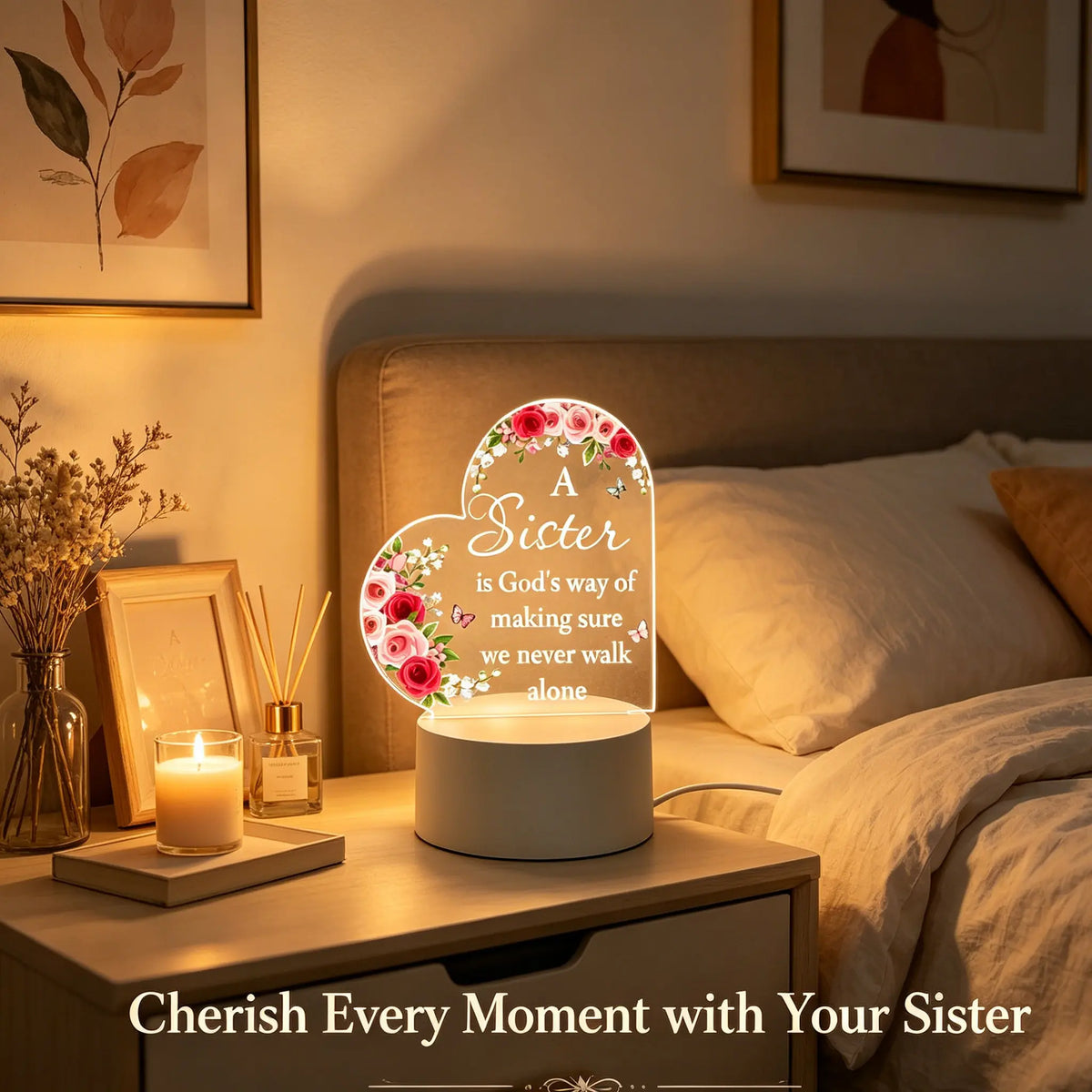 12Cm Heart-Shaped Acrylic LED Nightlight with Floral Rose Butterfly Design, Sister Bond Inspirational Quote Desk Lamp, Decorative Atmosphere Lighting for Warm Bedroom, Valentine'S Day Thoughtful Gift to Light up Your Space