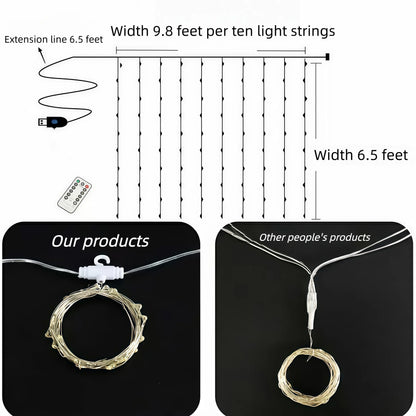 Usb-Powered LED Curtain Light String with Remote Control - 8 Lighting Modes, 3M*2M Festive Decorative Light for Weddings, Bedroom Aesthetic Home Decor