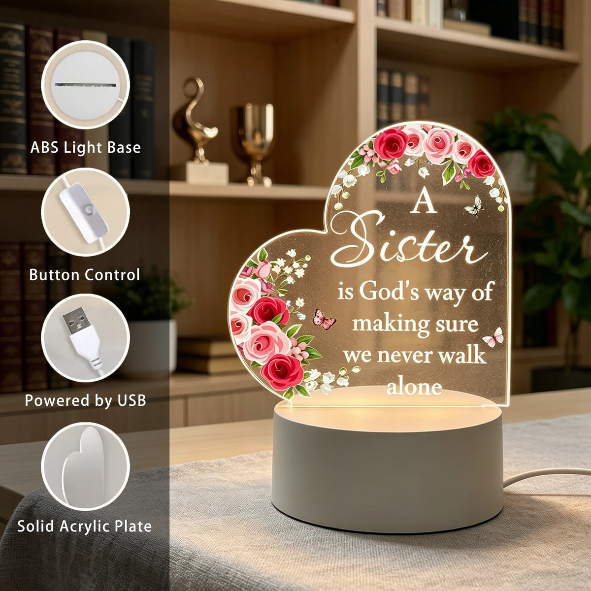 12Cm Heart-Shaped Acrylic LED Nightlight with Floral Rose Butterfly Design, Sister Bond Inspirational Quote Desk Lamp, Decorative Atmosphere Lighting for Warm Bedroom, Valentine'S Day Thoughtful Gift to Light up Your Space