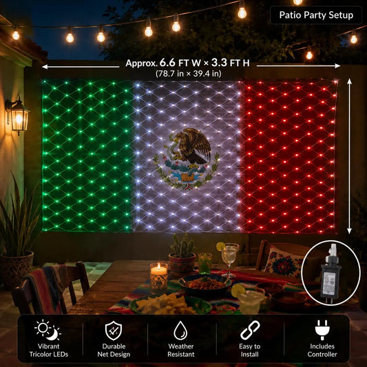 Mexican Tricolor LED Net Light (With Eagle Emblem), 6.6 × 3.3 Ft; Features Adjustable Brightness and Multiple Lighting Modes; Suitable for Indoor/Outdoor Wall Surfaces and Party Decorations; Includes Controller with Us-Standard Plug.