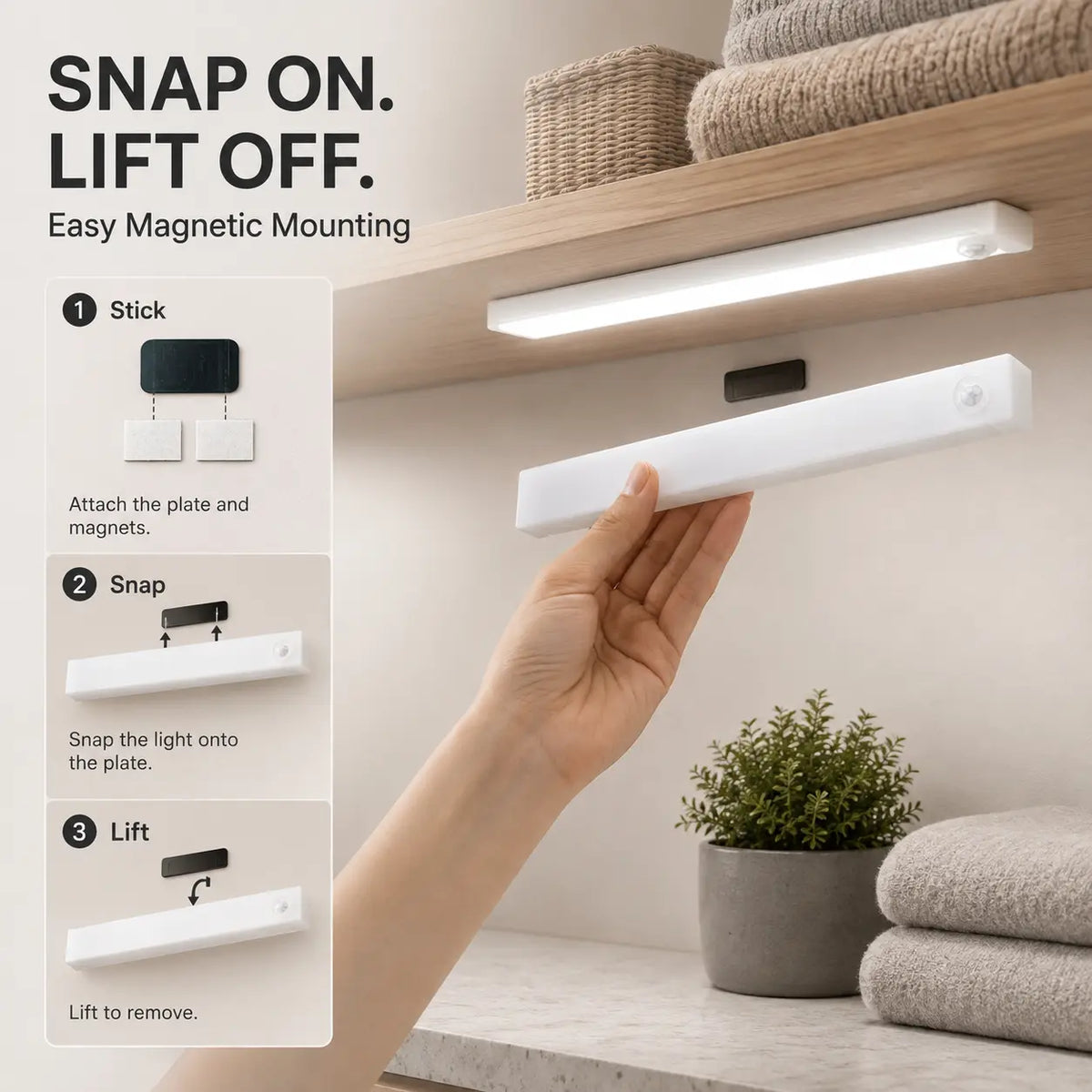 3-Pack Magnetic Under-Cabinet Lights Set, 8.66-In Rechargeable LED Closet Lights with 3 Brightness Levels, Magnetic Mounting, Instant on for Kitchen, Stairs, Set Pack