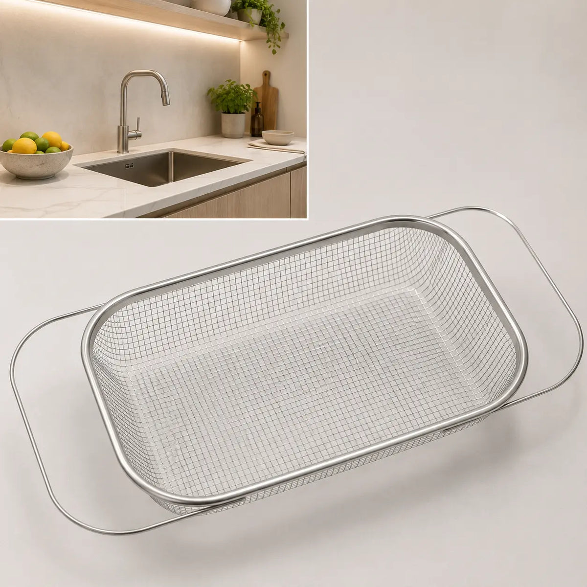 Stainless Steel Expandable Over-the-Sink Colander Strainer Basket with Handles, Rectangular Fine Mesh Kitchen Utensil, Essential Kitchen Supply in Silver