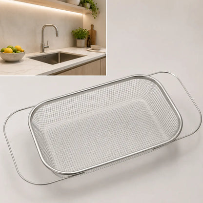 Stainless Steel Expandable Over-the-Sink Colander Strainer Basket with Handles, Rectangular Fine Mesh Kitchen Utensil, Essential Kitchen Supply in Silver