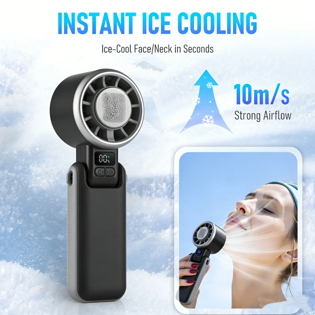 3-In-1 Portable Handheld Fan with Cooling Plate, 5-Speed Rechargeable Turbo Fan with Digital Battery Display, USB-C Charging and Adjustable Foldable Design for Handheld, Desk or Neck Use, Travel, Cruise, Office and Outdoor Activities