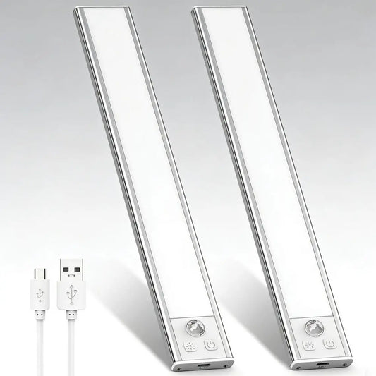 Under Cabinet Lights, 52 LED Cold White Rechargeable under Cabinet Lighting Motion Sensor LED Lights for Kitchen, Counter, Closet, Stairs (12.2 Inches Silver)1 PCS and 2 PCS Available for Selection