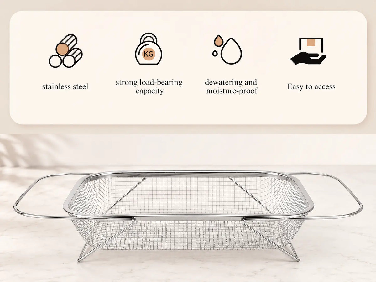 Stainless Steel Expandable Over-the-Sink Colander Strainer Basket with Handles, Rectangular Fine Mesh Kitchen Utensil, Essential Kitchen Supply in Silver
