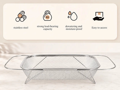 Stainless Steel Expandable Over-the-Sink Colander Strainer Basket with Handles, Rectangular Fine Mesh Kitchen Utensil, Essential Kitchen Supply in Silver