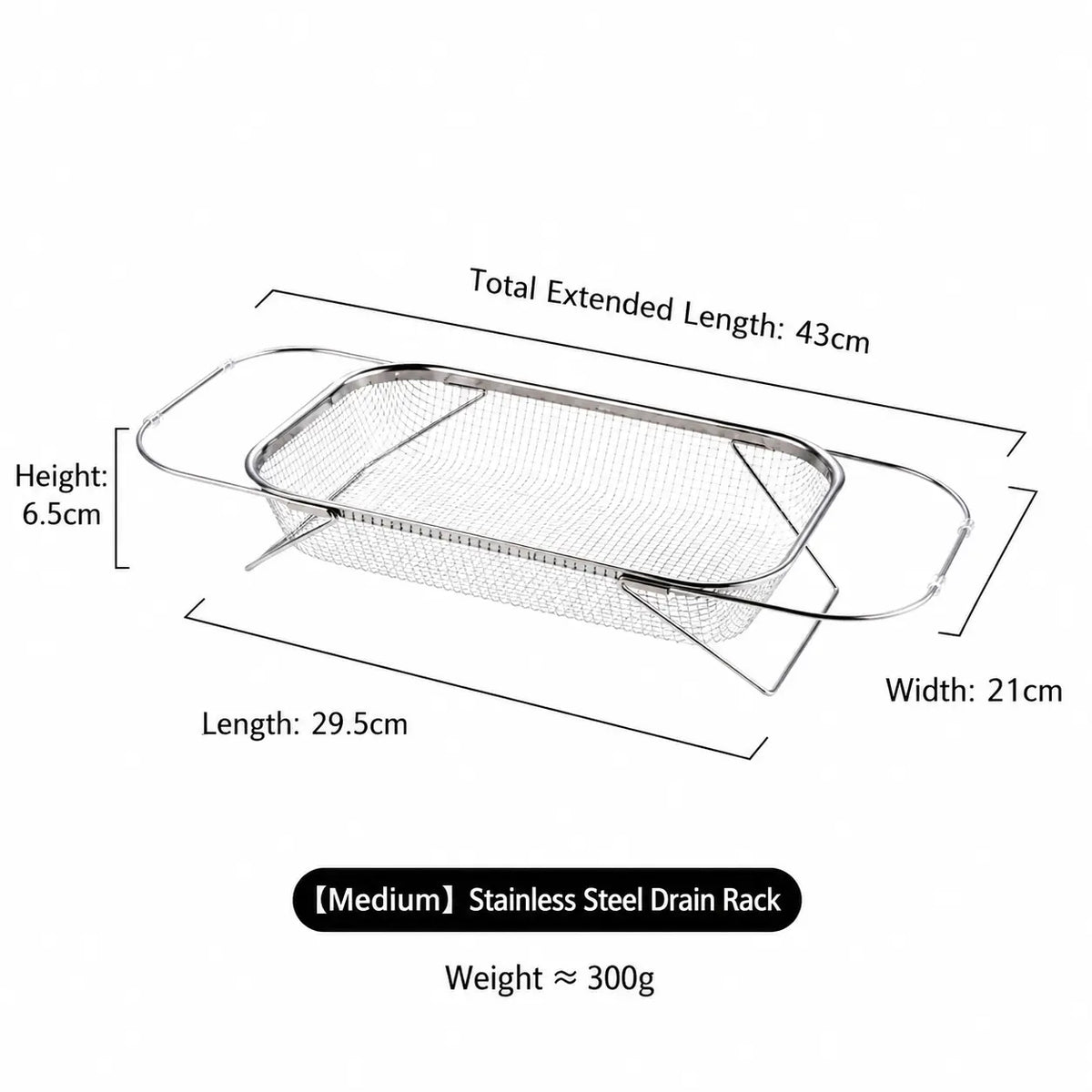 Stainless Steel Expandable Over-the-Sink Colander Strainer Basket with Handles, Rectangular Fine Mesh Kitchen Utensil, Essential Kitchen Supply in Silver