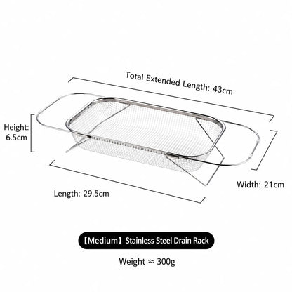 Stainless Steel Expandable Over-the-Sink Colander Strainer Basket with Handles, Rectangular Fine Mesh Kitchen Utensil, Essential Kitchen Supply in Silver