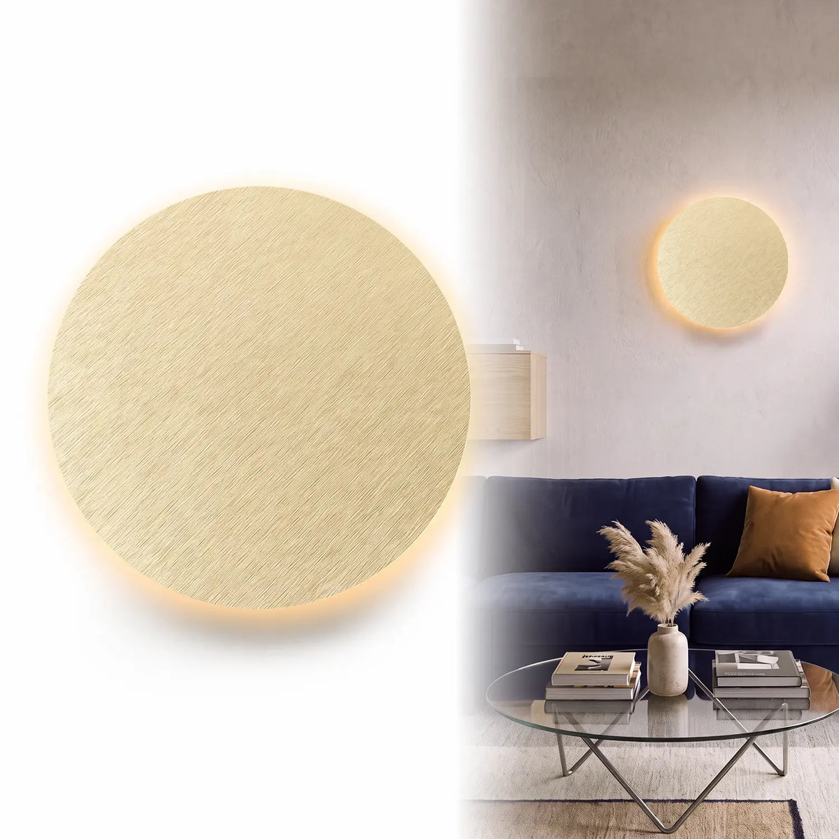 Hoodink Contemporary round Indoor LED Wall Lamp - Black Wood Grain, Brushed Gold & Linen Texture Finishes, 3-Level Dimmable Adjustable Ambient, USB Rechargeable Night, Indoor Lighting for Bedroom, Decorative Dimming, Room Decor, Led Lights